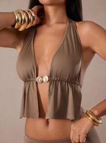 Hauture 2pcs/Set Women's Solid Color High Slit Hem Halter Neck Crop Top And Maxi Skirt Sexy Set