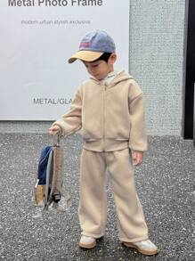 SHEIN Little Byeori 2 Pieces Young Boys Outfits,Winter,Career Day,Back-To-School Thick Cardigan Sweater Coat And Pants Suit,Soft Leisure College Fashion School Boy Set - Khaki - View 6