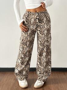 SHEIN PETITE Leopard Print Pocket Decor Casual Versatile Loose Fit Denim Jeans - Multicolor - View 4