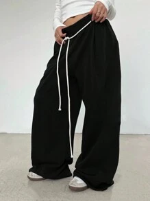 INAWLY Plus Size Women Drawstring Waist Loose Casual Floor Length Pants - Black - View 4