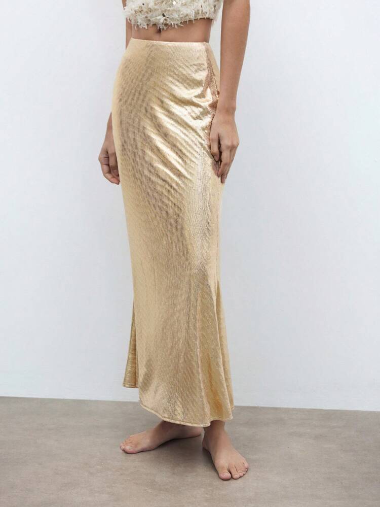 SHEIN Maija New Autumn/Winter Urban Chic Party Casual Elegant Retro Women Gold Glitter A-Line Skirt, Suitable For Holidays, Celebrations And Outdoor Activities