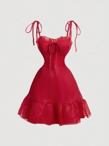 SHEIN MOD Đầm hai dây thanh lịch nhiều lớp buộc phía trước màu trơn cho nữ - Đỏ - Xem 6