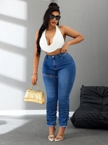 SHEIN SXY 大码女式拼接拼接紧身牛仔裤