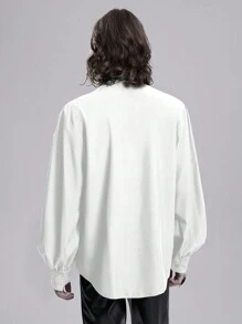 ROMWE MEN Goth 男士纯色长袖休闲衬衫，带荷叶边，秋季 - 白色 - 查看 2