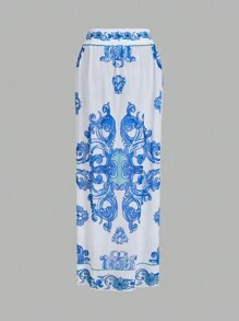 Swim Oasis 1pc Luxurious Boho Floral Print Ruffle Sleeve Premium 2 Pieces Swimsuit Set Summer - Blue and White - View 4