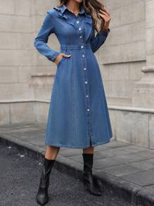 SHEIN LUNE Women's Front Button Long Sleeve Shirt Collar Simple Casual Denim Dress - Dark Wash - View 3