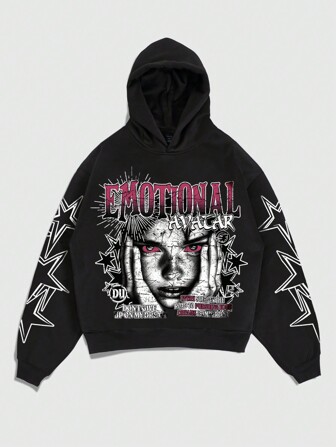 Street Life Herren Lässig Porträt Muster Loose Hoodie, Herbst/Winter