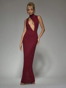 MISSGUIDED Embellished Double Layered Mesh High Neck Slash Cut-Out Bust Detail Sleeveless Flare Hem Maxi Dress Christmas - Burgundy - View 1