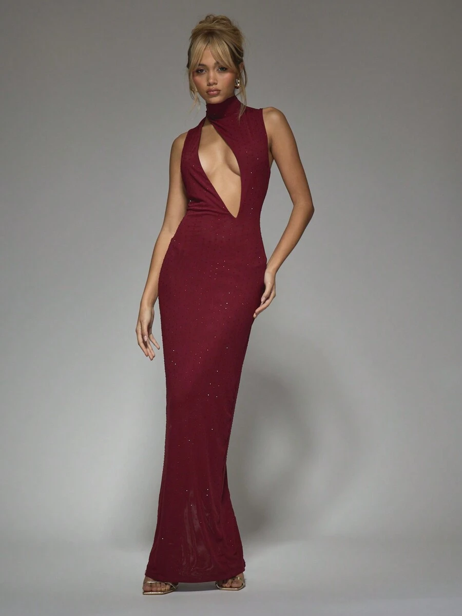 MISSGUIDED Embellished Double Layered Mesh High Neck Slash Cut-Out Bust Detail Sleeveless Flare Hem Maxi Dress Christmas - Burgundy - View 1