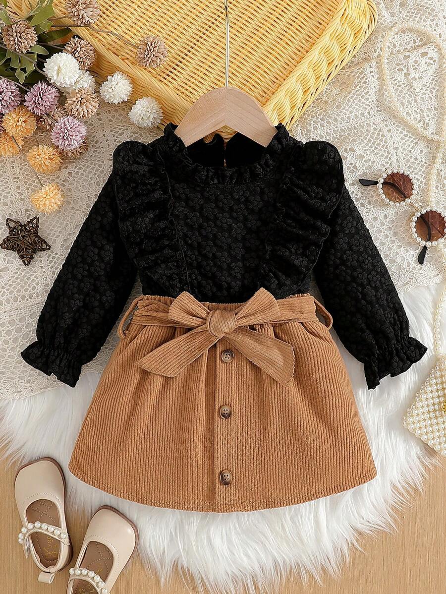 Bộ đồ bé gái gồm 2 món áo và váy kèm thắt lưng, trang phục đơn giản thanh lịch, quần áo mùa xuân và mùa thu - Nhiều màu - Xem 1