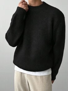 DAZY Áo len cổ tròn màu trơn dành cho nam, trang phục thường ngày, thu/đông, phong cách grunge - màu đen - Xem 2