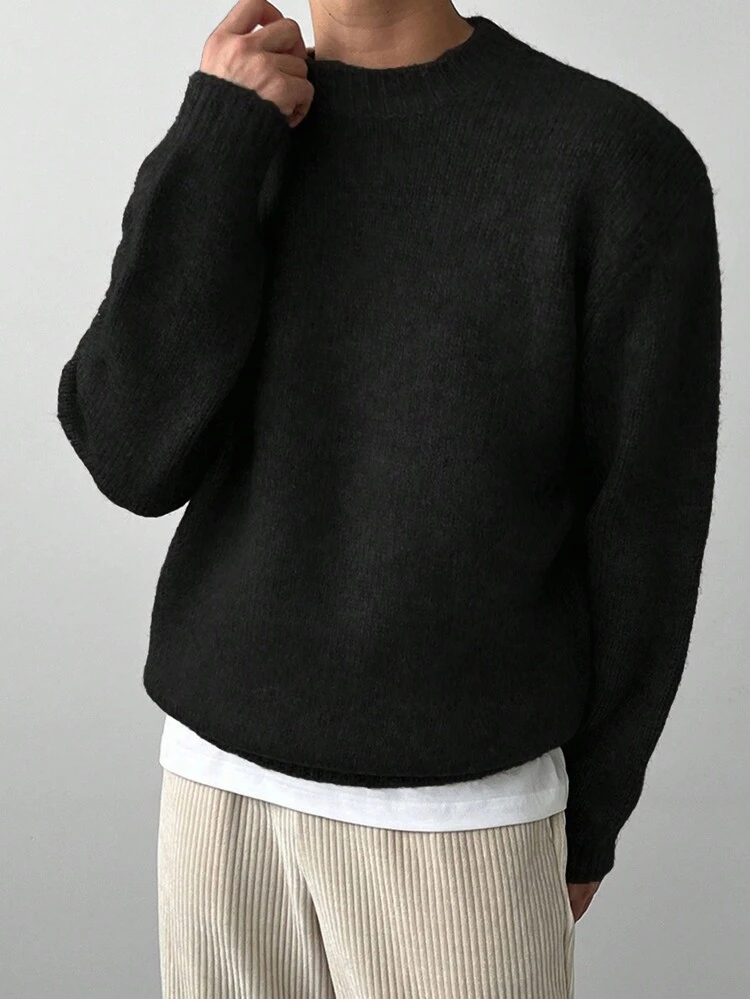 Men's Solid Color Crew Neck Sweater, Casual Daily Wear, Autumn/Winter, Grunge Style