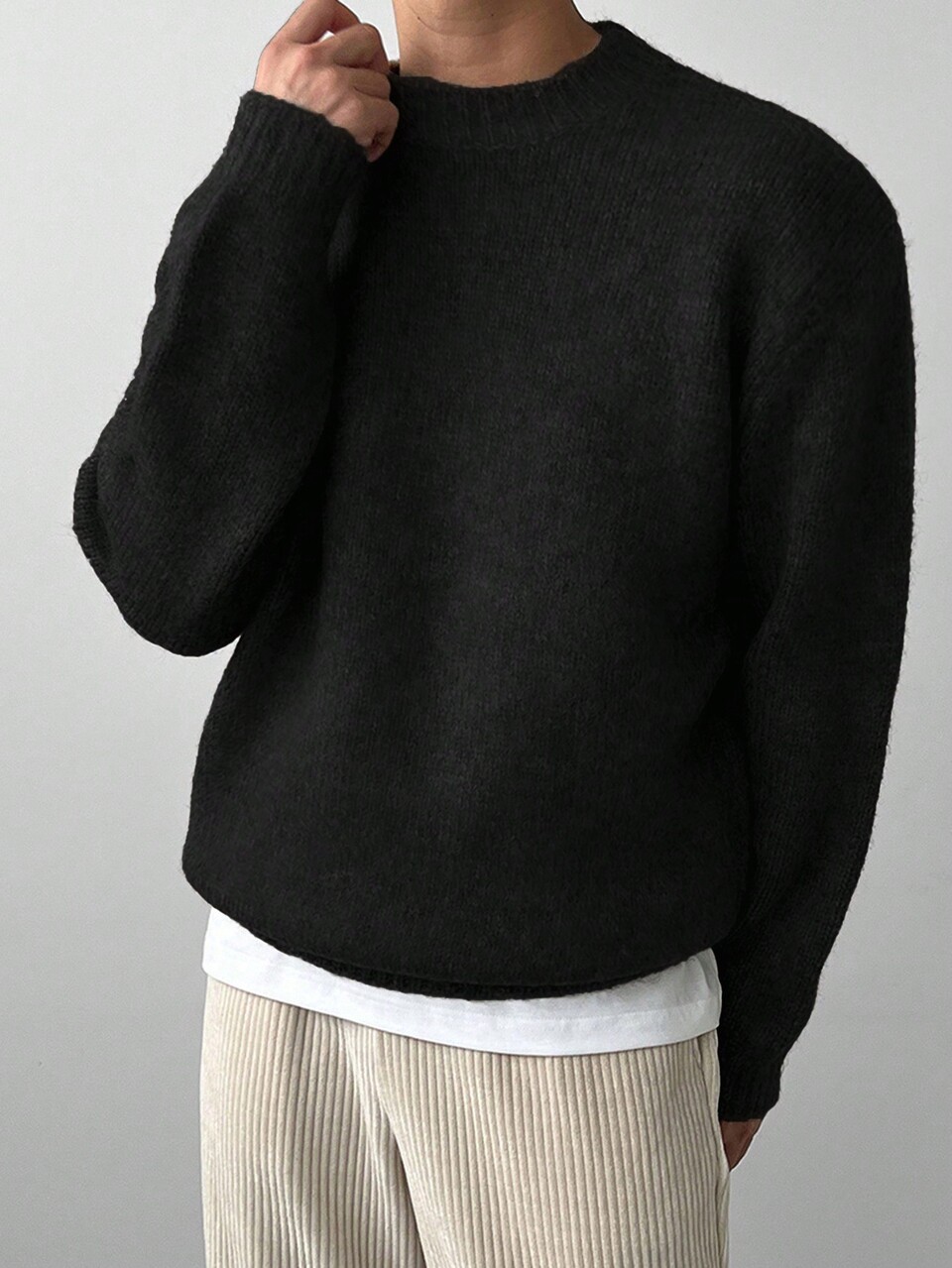 Men's Solid Color Crew Neck Sweater, Casual Daily Wear, Autumn/Winter, Grunge Style
