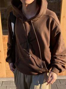 DAZY Áo hoodie nam dáng rộng, vai rớt, có túi kangaroo, dây rút, thích hợp cho kỳ nghỉ, thêu họa tiết. - màu nâu - Xem 9