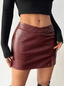 SHEIN PETITE Falda de mujer retro sexy con espalda descubierta, falda mini rojo retro desgastado premium, falda burdeos