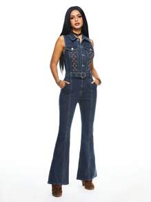 ROMWE Salopetă din denim evazată cu cataramă metalică Y2K Vintage pentru femei