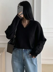 DAZY Solid Color Patchwork Long Sleeve Loose Women Sweater,Fall Clothes - Black - View 3