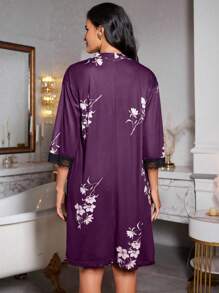 LuxeNights 2pcs/Set Lace Patchwork Print Cami Nightgown And Robe Set - Purple - View 2