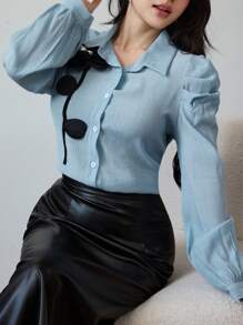 Modelyn Women Front Button Long Sleeve Casual Top With Floral Decoration, Simple And Chic, Everyday Wear Women Shirt Fall Cloth For Women - Dusty Blue - View 3