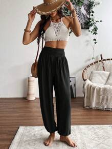 SHEIN LUNE Women Solid Color Casual Everyday Long Pants Fall Cloth For Women - Black - View 5