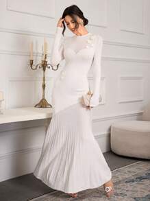 Modelyn Vestido de suéter casual con manga larga y decoración floral 3D de unicolor para mujeres - Blanco - Ver 1