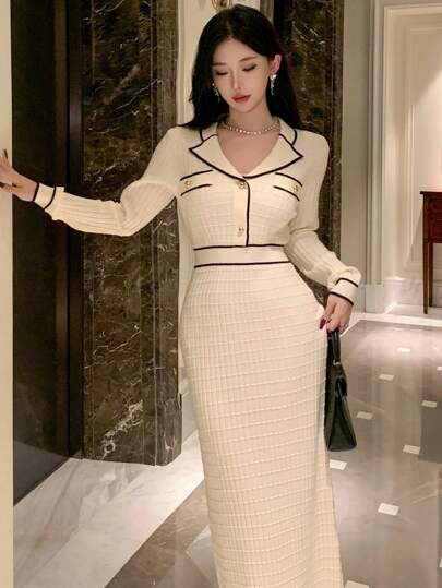 DAZY 女士秋冬翻领长袖纽扣设计拼色毛衣连衣裙，秋季女装