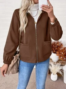 EMERY ROSE Jaqueta Longa Casual de Lã Composta com Bolso e Zíper Frontal, de Manga Longa