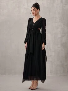 SHEIN Belle Women Elegant Woven Black Hollow Bodycon Long Sleeve Pearl Button Closure Long Dress, Semi Formal Prom Dress, For Birthday, Wedding Guest, Graduation Homecoming - Black - View 6