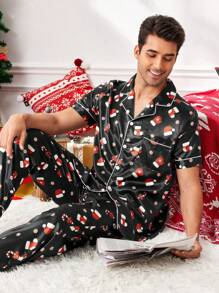 CoupledUp Ensemble de pyjamas avec col châle en faux soie avec imprimé d'éléments de Noël dessin animé pour hommes
