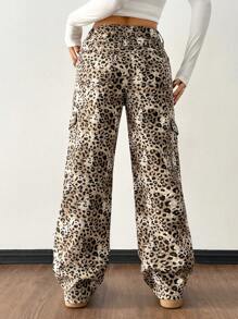 SHEIN PETITE Leopard Print Pocket Decor Casual Versatile Loose Fit Denim Jeans - Multicolor - View 2