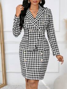 SHEIN Lady Women Autumn Black And White Plaid Blazer Coat Metal Buckle Houndstooth Tweed Woolen Slim Long Jacket&Skirt Two Pieces Suit Set Business Casual,Office - Black and White - View 2