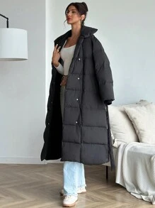 SHEIN Privé Women's Black Lapel Belt Decor Long Padded Coat