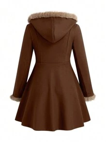 SHEIN LUNE 大码休闲领连帽大衣，秋冬 - 棕色 - 查看 2