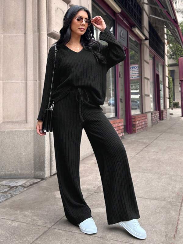 SHEIN LUNE Women Knit V-Neck Loose Casual Long Sleeve Top & Pants 2 Pieces Set, Winter Sets