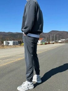 DAZY 2pcs Men Casual Daily Wear Round Neck Contrast Color Sweatshirt & Pants Set, Autumn - Blue - View 3