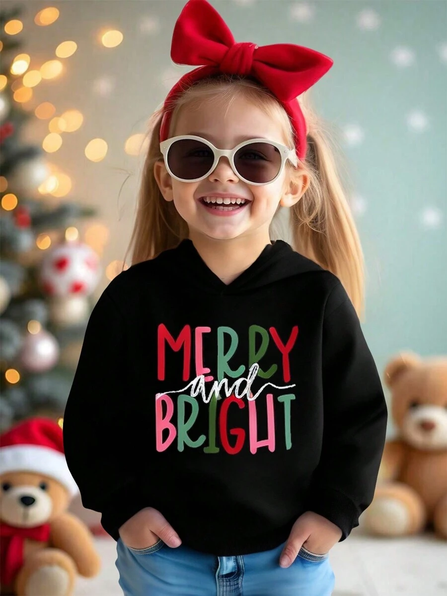 女童休闲舒适保暖内衬卫衣，秋冬季，圣诞节适用 - 黑色 - 查看 1