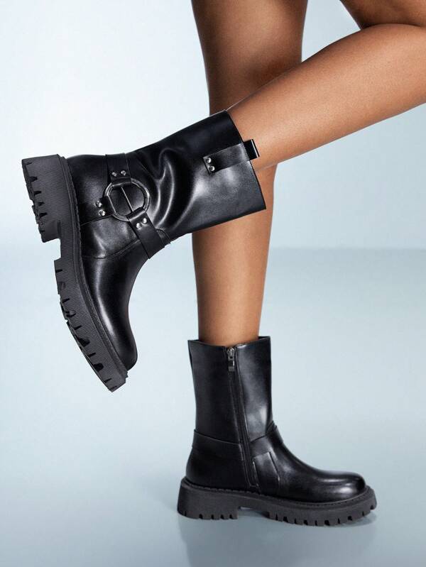 Cuccoo CUCCOO GRLICON Women Round Toe Side Zipper Fall/Winter Boots, Black Knight Boots, British Style Ankle Boots, Low Heel For Christmas And New Year Holiday