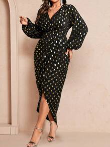 Celure Plus Size Women Sparkly Jagged Print Asymmetric Neck Lantern Sleeve Wrap Hem Dress