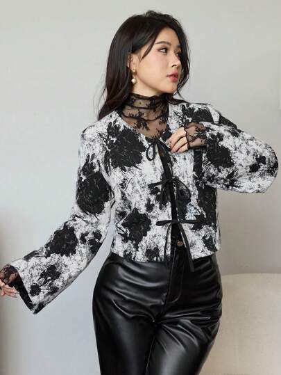 Modelyn 1pc Women Watercolor Print Drawstring Long Sleeve Regular Jacket Fall Cloth For Women