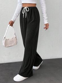 SHEIN Women's Solid White Drawstring Detailed Pants - Black - View 4