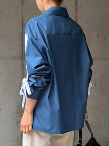 FRIFUL Women Solid Color Patchwork Front Button Long Sleeve Casual Blouse