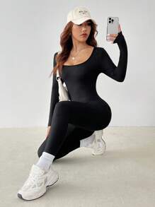 SHEIN PETITE 纯色圆领紧身衣 春季女式连体裤 - 黑色 - 查看 3