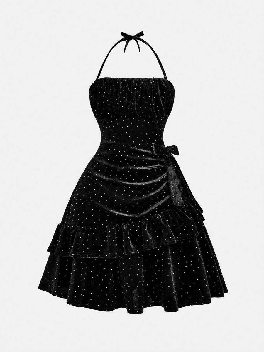 SHEIN Tween Girl Fashion Elegant Halter Ruffled Decor Cinched Waist Black Velvet Rhinestone Cocktail Party Dress - Black - View 1