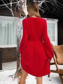 SHEIN VCAY 休闲度假圆领灯笼袖修身女士毛衣连衣裙 - 紅色 - 查看 2