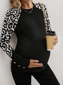 SHEIN Maternity Leopard Print Raglan Sleeve Button Detail Tee - White - View 1