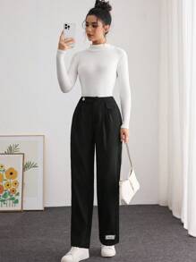 Modelyn Pantalon large à jambe droite affinante de style coréen pour femme, avec détail de revers