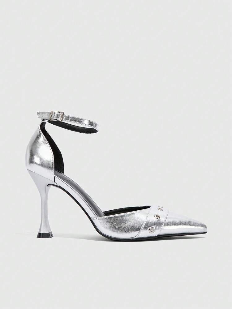 CUCCOO SZL 女性用ポインテッドトゥ ハイヒール、シルバーメタリックPUファッションセクシーパーティーパンプス、ミュージックフェス、クラブナイトアウト、春スタイルの靴に適しています