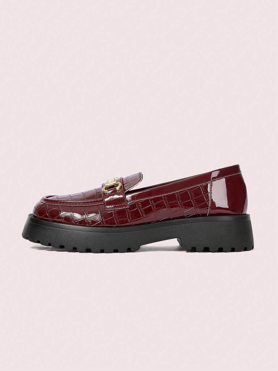 CUCCOO DOLLMOD Women's Brown Cute Simple Versatile Loafer Chunky Platform Flat Shoes Valentines - Burgundy - View 1