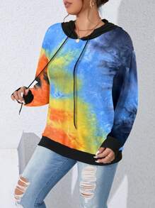 SHEIN LUNE Plus Size Fashion Tie-Dye Drawstring Sweatshirt, Autumn Pullover Fall - Multicolor - View 6