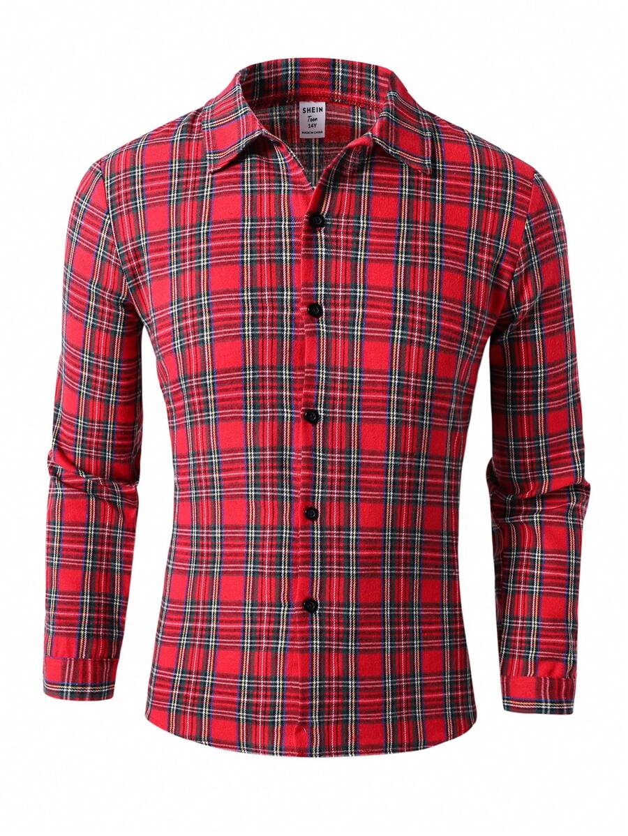 Teen Boy Plaid Print Button-Front Long Sleeve Shirt